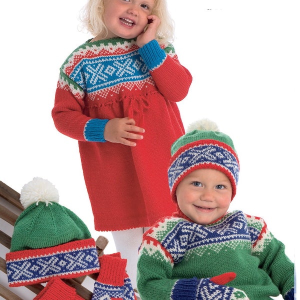 Childs Scandinavian- Norwegian Fairisle Jumper- Dress Mitts , Neck warmer and  Cap,- Knitting pattern- PDF Download