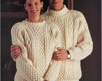 Ladies-Mens Cable Aran Round-High necked Sweater-Jumper- Aran wool-32-44ins Instant Download Knitting Pattern PDF