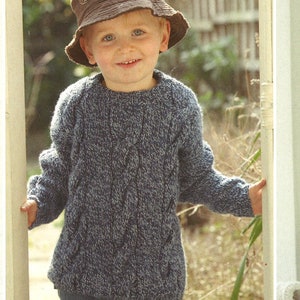 Childs Thick Cable Hooded Sweater & Jumper Aran 10 Ply Worsted wool 22 ~ 32&quot; (1-12yrs) Knitting Pattern Download PDF