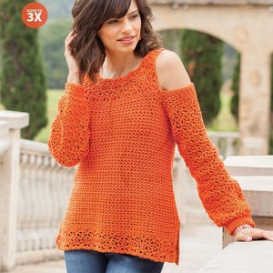 May include: Orange crochet top with cold shoulder detail and a lace trim. The top is sized to 3X.