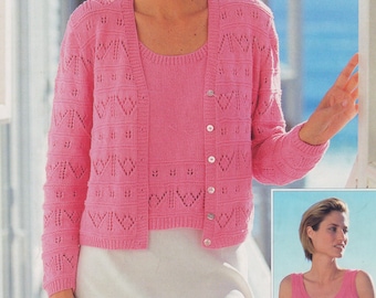 Womans Eyelet cardigan & Top - Twin set in 4 ply Fingering wool Knitting pattern vest top- Download PDF- size 32" - 42" chest