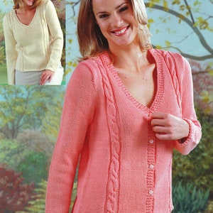 PDF Knitting Pattern Ladies Woman Cable V Neck Round Neck Cardigan sweater jumper DK (8ply) Download