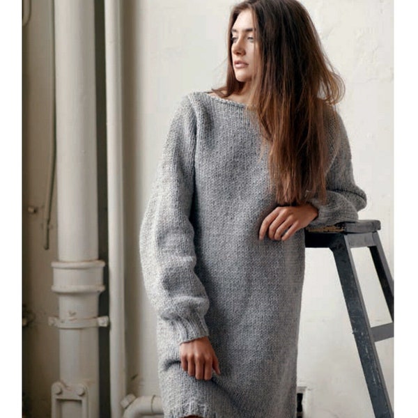 Easy Knit Womans Sweater Dress in Chunky Bulky wool- 28-42" chest-Knitting pattern Download PDF