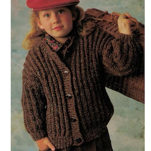 Boys Girls Easy Knit Chunky Jacket In Rib, Round Neck, Boy or Girl 24&quot; - 32&quot; Chunky Bulky 12 ply  Wool Knitting Pattern PDF Instant download