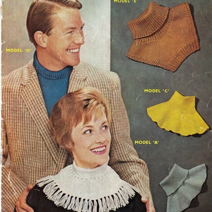 May include: A couple poses for a photo wearing knitted neck warmers. The woman is wearing a white neck warmer with fringe and a black sweater. The man is wearing a brown tweed jacket and a blue turtleneck sweater. The image shows five different neck warmer styles labeled 'A' through 'E'.