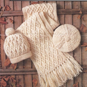 Knitting Pattern- download, Ladies- Gents- Childs Aran Scarf- Beret and Hat Vintage Aran childs sizes  4-12 years