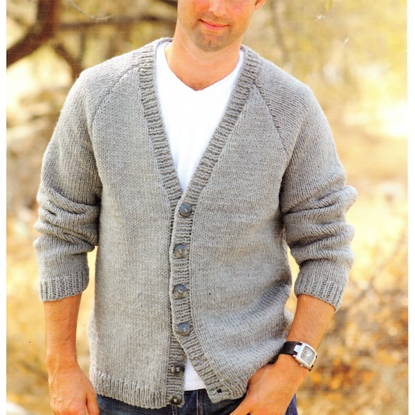 Man's Raglan cardigan in Chunky- Bulky wool- Easy Pattern and  fits chest 38" - 48"- Knitting Pattern Download PDF