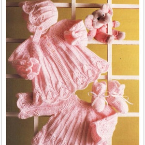 Baby Girl- Dress, coat, bootees and bonnet -Knitting pattern PDF DK/8PLY -Fits 14-20&quot; Chest, Vintage Knitting Pattern Download Digital