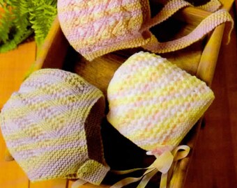 PDF Knitting Pattern- Baby vintage bonnets in double knitting wool- fits 15-17 inch heads