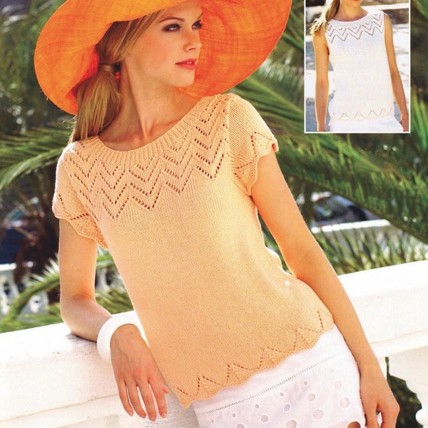 Woman vest & Cap sleeved summer top Knitting Pattern- DK/8ply. Wool- fits 88-104 cm- Instant Download