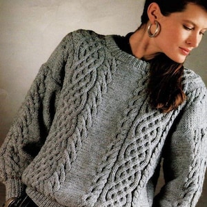 Women&#39;s Sweater Celtic Cable Design Aran Jumper -Drop sleeves in Aran 10ply Worsted wool- Fits 32 - 40&quot;Knitting Pattern Download PDF