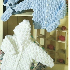 PDF Instant Download Vintage Baby Knitting Pattern DK 8 Ply Light worsted Cardigan Hat Hoodie Mittens UK 0-7 years 16-26chest