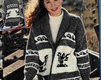 Woman's Oversize Shawl Neck Fair Isle Yoke Cardigan Jacket actual size 122 cm ~ Chunky Bulky  Lopi Wool 12 Ply Knitting Pattern Download PDF
