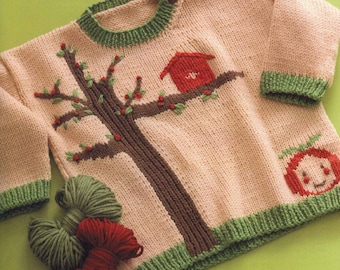 PDF Knitting Pattern Boys Girls Apple tree Sweater Jumper  24-26" Intarsia