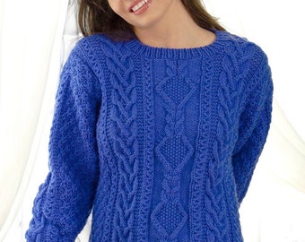 Ladies Aran Diamond-seed stitch Jumper-Sweater Aran wool  - fits 40-52" chest. Knitting Pattern Instant Download Larger sizes