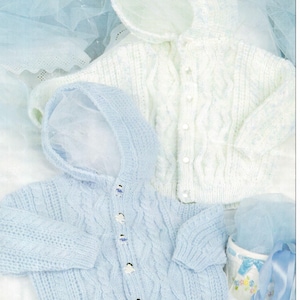 Baby Hooded Jacket Cardigan in  DK-8 Ply wool fits chest  18-22 ins Knitting Pattern Download PDF Vintage easy cable