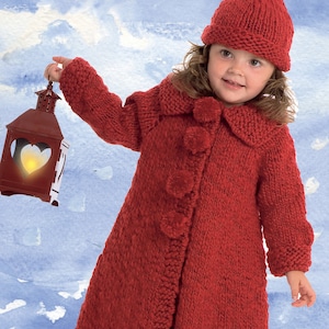 Norweigian- Scandinavian Pom Pom Coat and Hat-Quick Knit- Knitting Pattern, Top Down - Girls Children's, Instant Download PDF