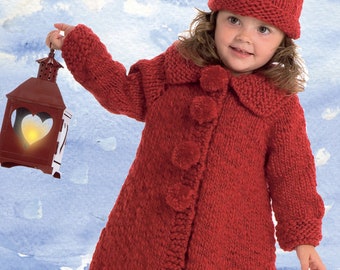 Norweigian- Scandinavian Pom Pom Coat and Hat-Quick Knit- Knitting Pattern, Top Down - Girls Children's, Instant Download PDF