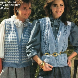 Womans V Neck Chunky waistcoats 2 styles on 1 pattern patterned or lacey 32&quot;-42&quot; Chunky- Bulky Wool Knitting Pattern PDF DOWNLOAD