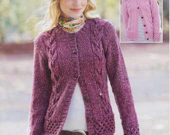Womens Cable Aran Jacket Cardigan Round Neck or Collar Larger Sizes 32" - 54"~ Aran 10 Ply Worsted Knitting Pattern PDF Instant download