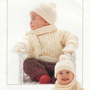 Boy&#39;s Girl&#39;s cable sweater- hats-scarf-mitts, 4ply Wool 18-24&quot; Knitting Pattern PDF Instant download