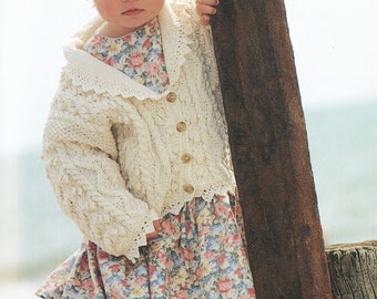 Girls Aran Cardigan- Lace Edging-  Collar - Loose fit  size  -1-3 Years-  Knitted in 100% Cotton Yarn Knitting pattern Download PDF