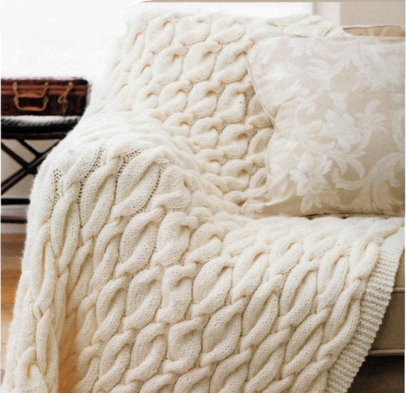 Chunky Cable Blanket Afghan Measures 50 x 55 Chunky Bulky 12 ply Knitting Pattern Download PDF