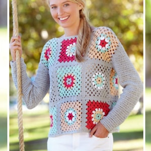 Ladies Crochet granny squares,  short sleeved top & Sweater DK 8Ply wool- for sizes see images Instant Download PDF Crochet Pattern