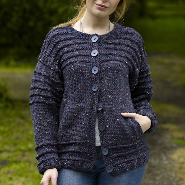 Womans Easy Chunky  Cardigan & Polo Neck sweater - fits chest 32-42" Knitted in Chunky Bulky 12 ply wool- Knitting pattern download PDF