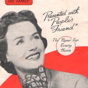 May include: A vintage knitting book cover featuring a woman wearing a knitted scarf and gloves. The cover is red and white with the title "The Sanquhar Knitting Book" and the text "Presented with "People's Friend" The Paper For Every Home".