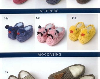 Adults Childrens Animal Slippers - Shoes -Moccasins. Rabbit duck ,dog mouse Pom pom, Knitting pattern DK 8 PLY download