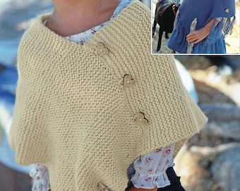 Girl's Very Easy Garter Stitch Poncho- 2 styles Knitting Pattern - Aran Wool- (Worsted)Instant Download 20-28" chest