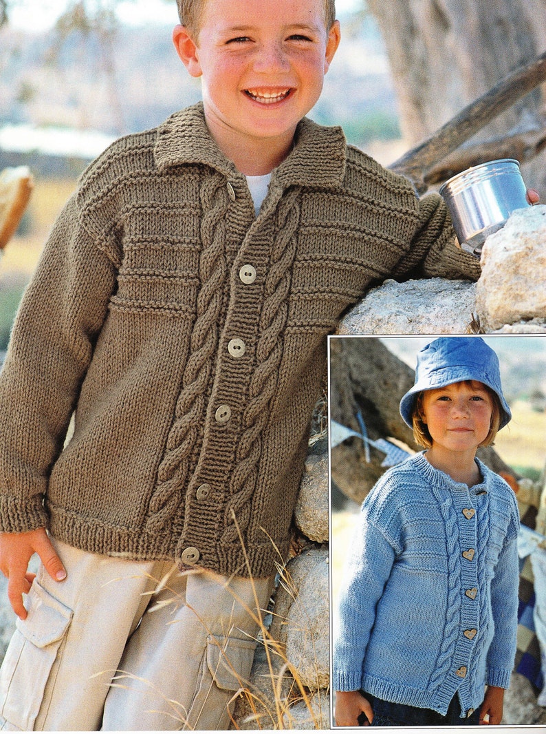 Child's Easy Cable Cardigan& Hooded Jacket Boy Girl Knitting Pattern AranWorsted weight Instant Download-18-28 chest immagine 2
