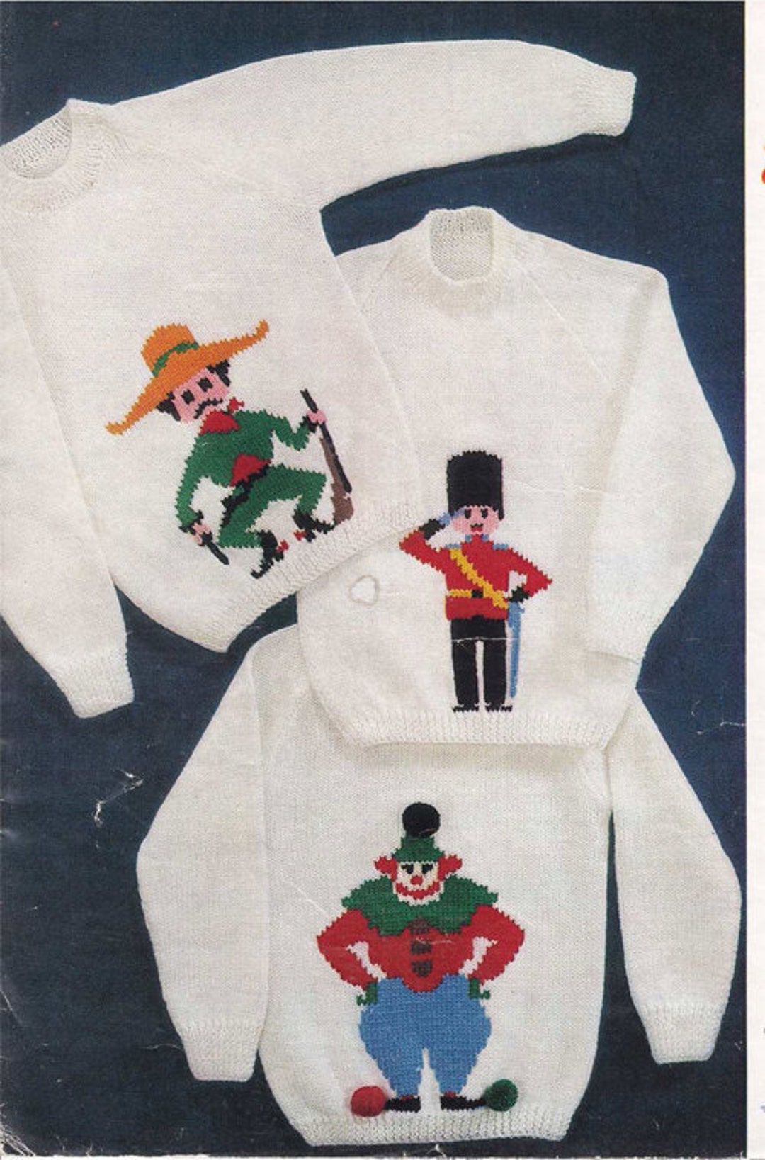 PDF Knitting Pattern Motif Soldiermexican Clown Sweater Jumper Double Knitting Fits 2428 Chest
