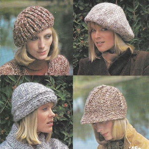 Woman's Hats 4 designs to Knit-Peaked Hat-Beret-Ribbed Beret & pull on PDF Knitting Pattern Chunky Bulky  12 ply Quick Knit Download PDF