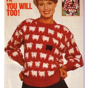 May include: A red sweater with a white sheep pattern. The sweater has a black sheep in the center. The text "DI LOVES IT, YOU WILL TOO!" is in the top left corner of the image.