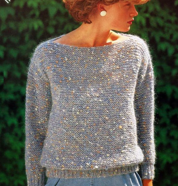 Woman's Easy Garter Stitch Sweater- Slash neck Knitting Pattern Fits  30