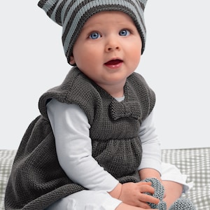 Baby Girl&#39;s Pinafore dress Hat and Shoes- Easy Knit in DK/8Ply Light worsted wool- Fits 1-12 months- Knitting pattern download PDF