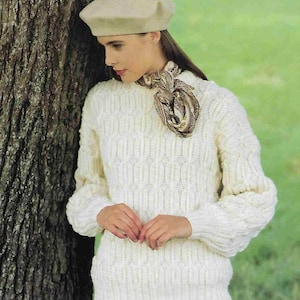 Womans-Mans Aran Cable crew neck sweater Jumper Aran 10 ply Worsted wool fits chest 30 46 Knitting pattern Download PDF image 1