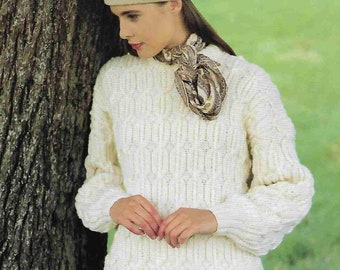 Womans-Mans Aran Cable crew neck sweater Jumper- Aran 10 ply Worsted wool- fits chest 30" - 46" Knitting pattern Download PDF