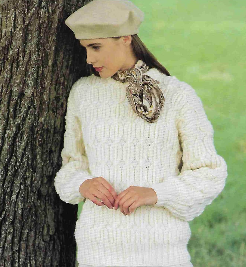 Womans-Mans Aran Cable crew neck sweater Jumper Aran 10 ply Worsted wool fits chest 30 46 Knitting pattern Download PDF image 1