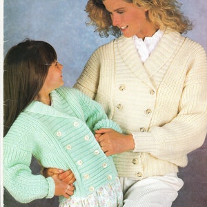 Woman- childs double breasted rib Cardigan Aran- 10ply worsted wool 22&quot; - 40&quot;- Knitting Pattern PDF Instant Download