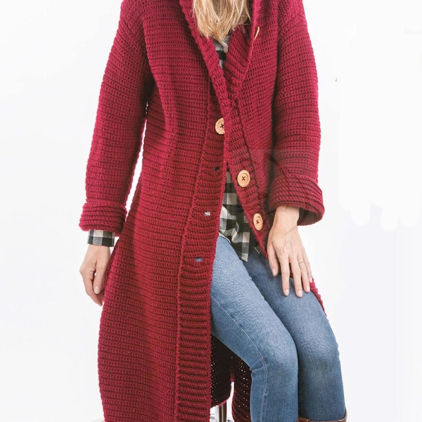 Ladies Long Hooded Crochet Jacket- Cardigan  - Instant Download PDF Crochet Pattern -Larger sizes
