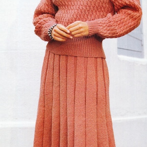 Woman&#39;s Long Cable twist Jumper - pullover &  pleated, ribbed Skirt -Instant download Knitting Pattern DK-8PLY, Light worsted wool- 32 - 42&quot;