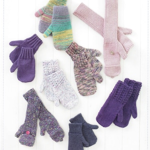 May include: A collection of ten knitted fingerless gloves and mittens in various shades of purple, pink, green, and white. The gloves are made with different stitch patterns and feature a variety of textures.