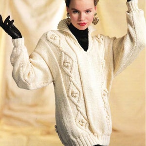 Woman&#39;s Aran V Neck, Long Pullover- Sweater- Jumper 32&quot; - 42&quot; Aran (10 Ply) Knitting Pattern PDF Instant download