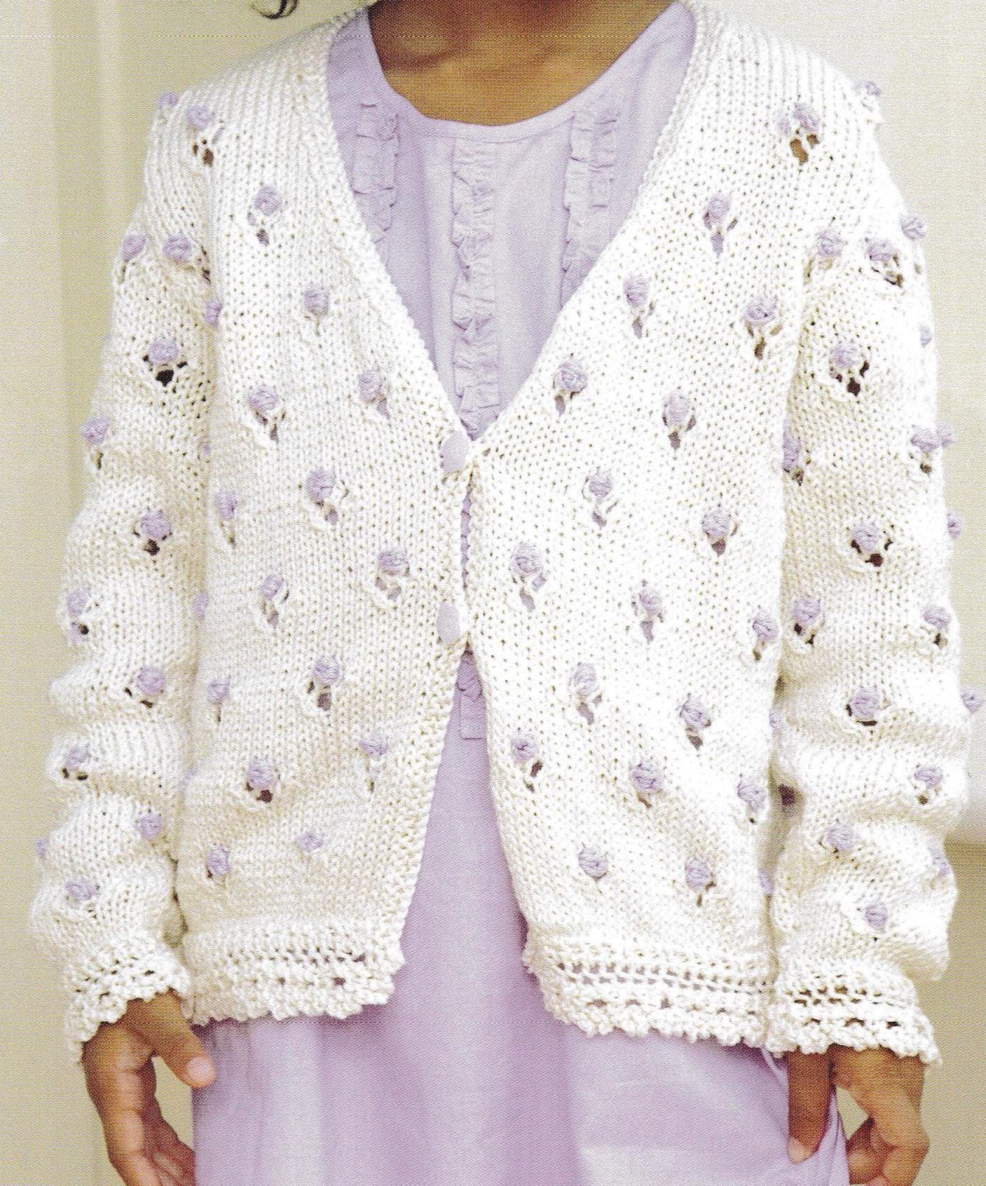 Girl's V Neck Flower Eyelet Cardigan- Picot Borders- Size 16