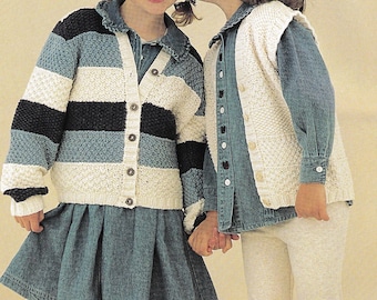 Little Girls Stripe Cardigan - V Neck Waistcoat ~ Double Moss St - 20"- 30" inch ~ DK - 8 Ply ( Light worsted) Knitting Pattern PDF Download