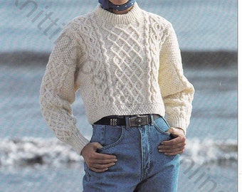 Ladies-Cable Aran Cropped Sweater-Jumper- Aran wool-32-40ins Instant Download Knitting Pattern PDF