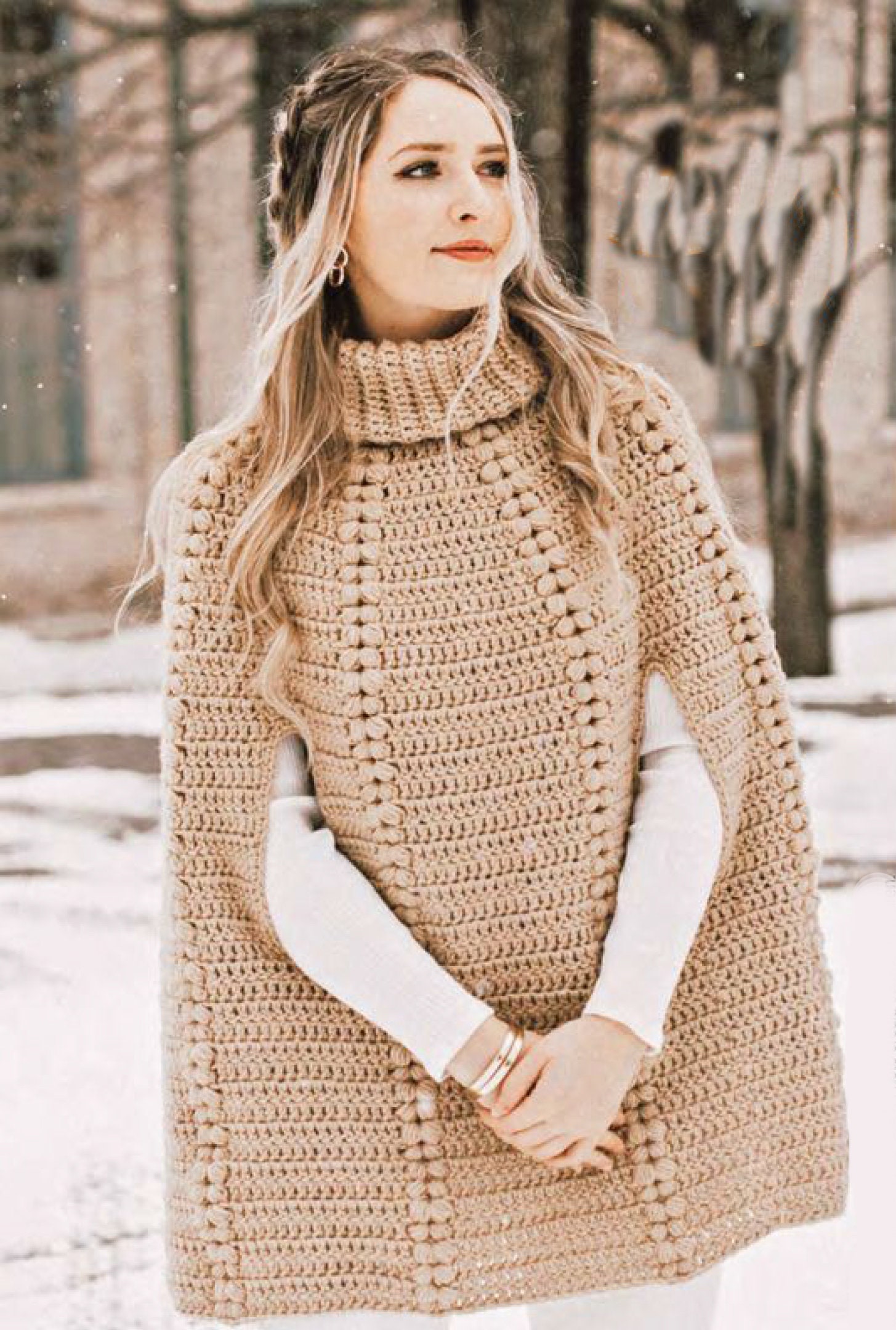 Woman's Crochet High Neck Slit Sleeve Poncho Bobble - Etsy